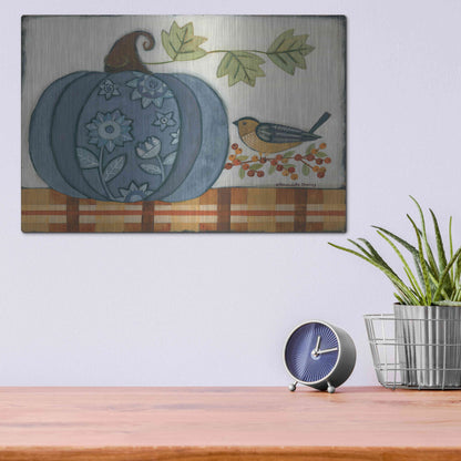Luxe Metal Art 'Blue Patterned Pumpkin' by Bernadette Deming, Metal Wall Art,16x12