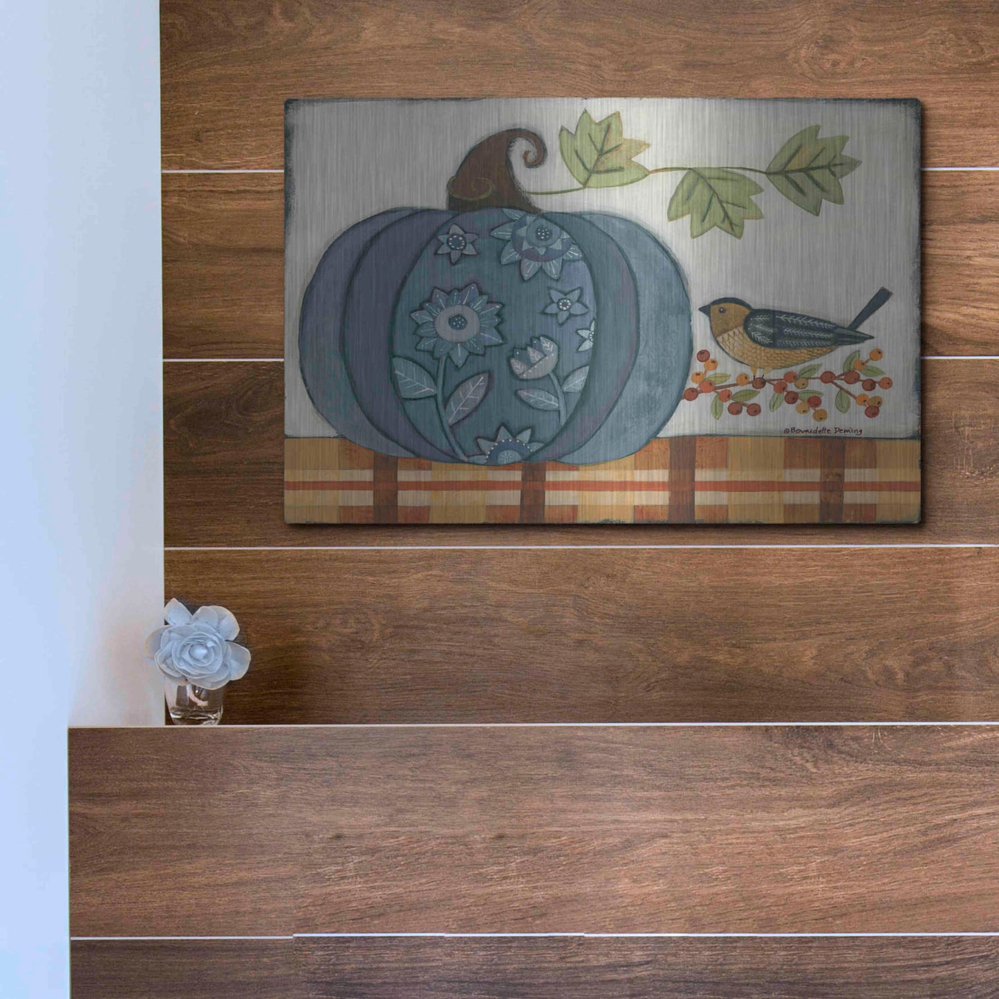 Luxe Metal Art 'Blue Patterned Pumpkin' by Bernadette Deming, Metal Wall Art,16x12
