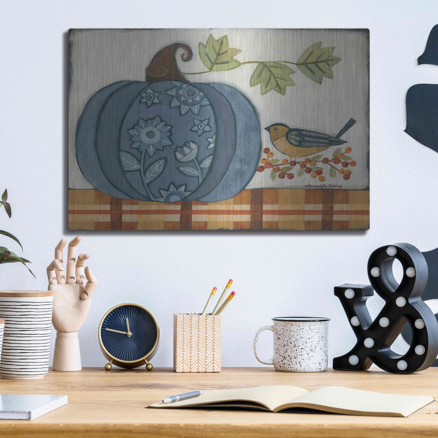 Luxe Metal Art 'Blue Patterned Pumpkin' by Bernadette Deming, Metal Wall Art,16x12