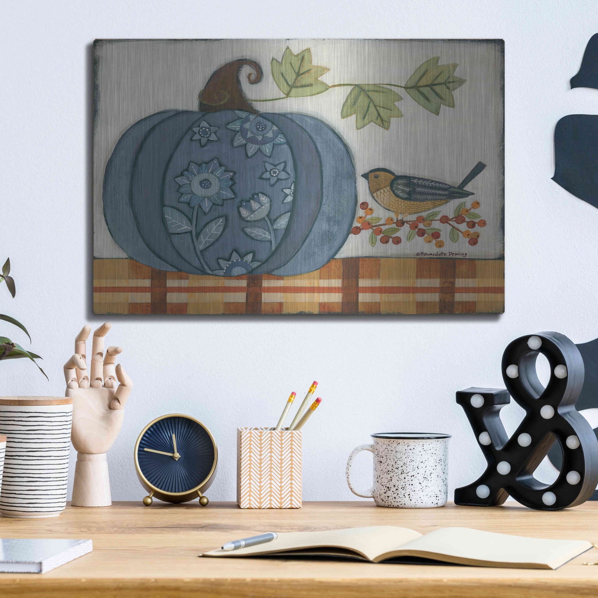 Luxe Metal Art 'Blue Patterned Pumpkin' by Bernadette Deming, Metal Wall Art,16x12