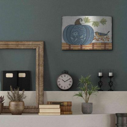 Luxe Metal Art 'Blue Patterned Pumpkin' by Bernadette Deming, Metal Wall Art,16x12