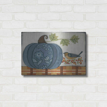 Luxe Metal Art 'Blue Patterned Pumpkin' by Bernadette Deming, Metal Wall Art,24x16