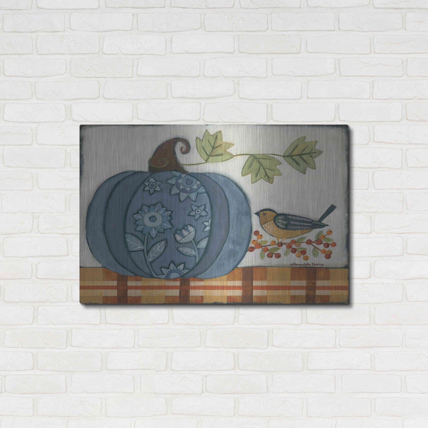 Luxe Metal Art 'Blue Patterned Pumpkin' by Bernadette Deming, Metal Wall Art,36x24