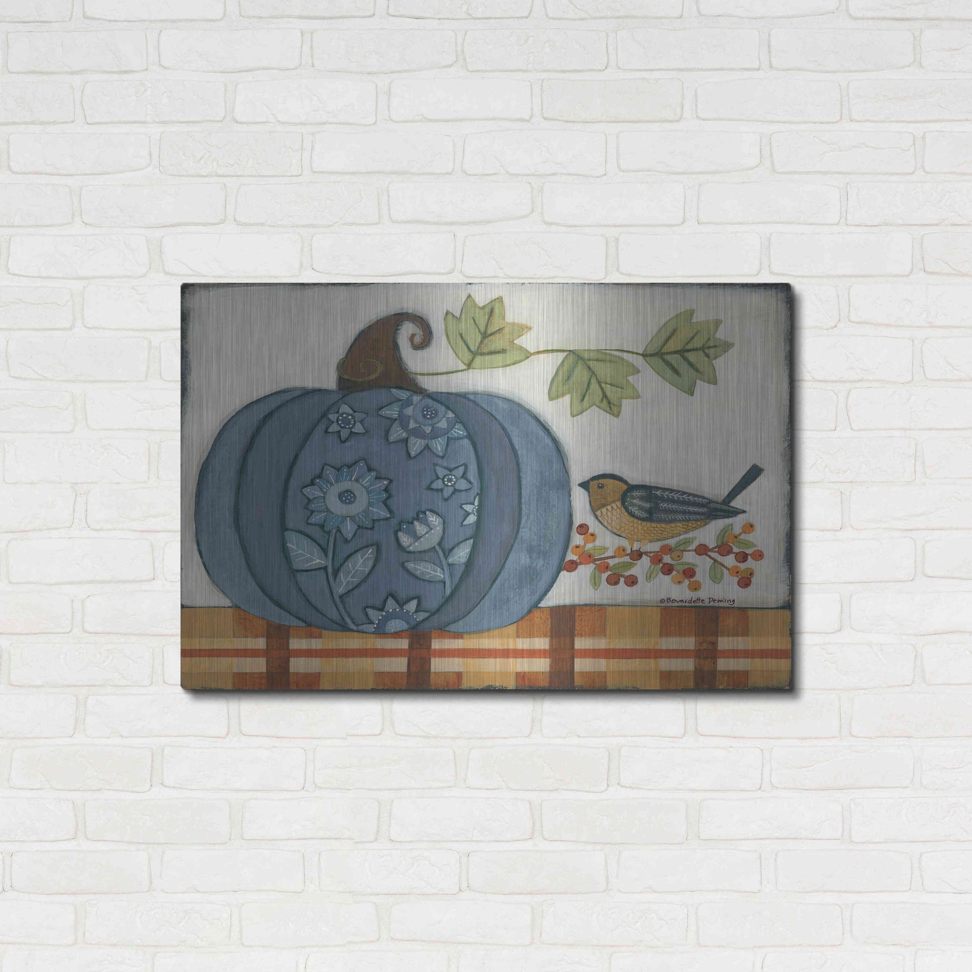 Luxe Metal Art 'Blue Patterned Pumpkin' by Bernadette Deming, Metal Wall Art,36x24