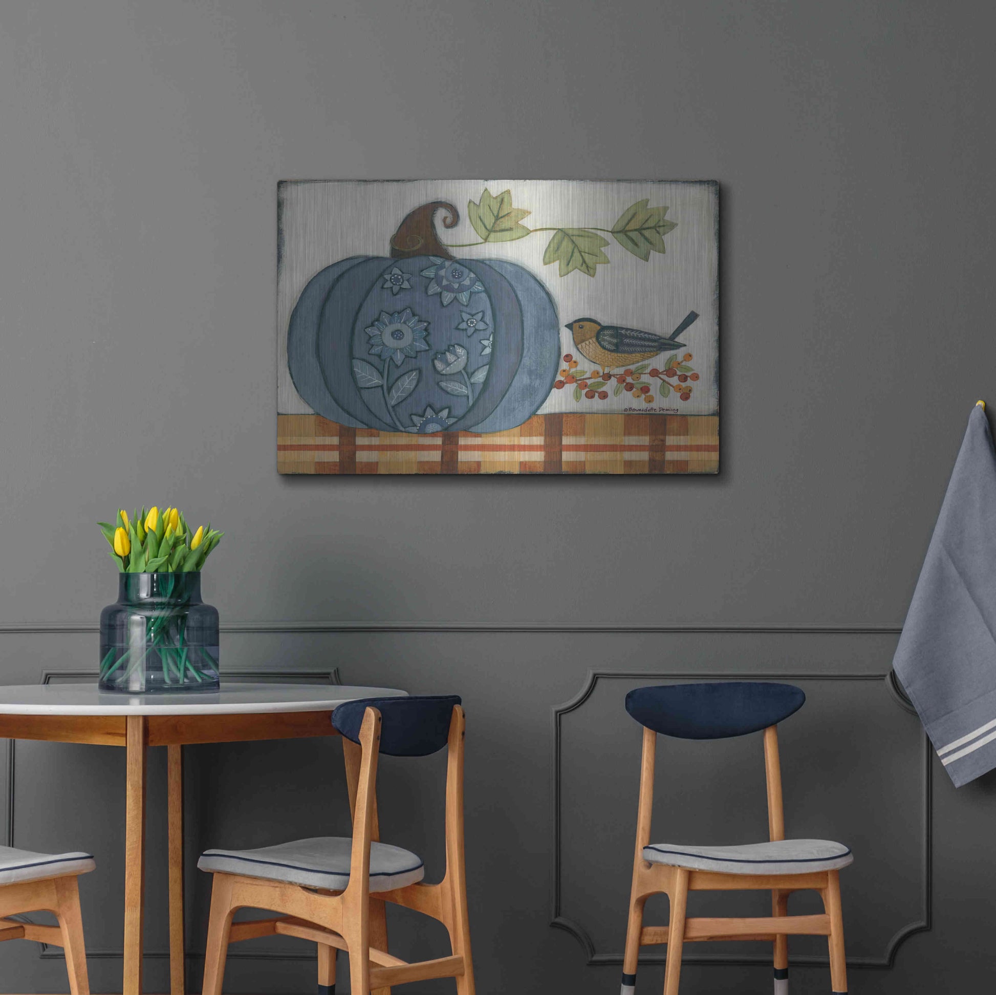 Luxe Metal Art 'Blue Patterned Pumpkin' by Bernadette Deming, Metal Wall Art,36x24