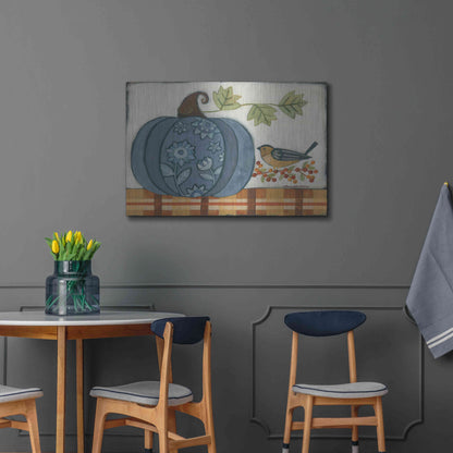 Luxe Metal Art 'Blue Patterned Pumpkin' by Bernadette Deming, Metal Wall Art,36x24