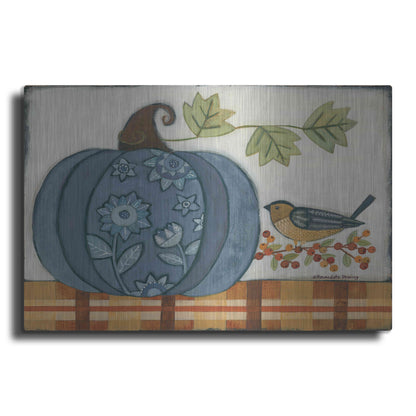 Luxe Metal Art 'Blue Patterned Pumpkin' by Bernadette Deming, Metal Wall Art