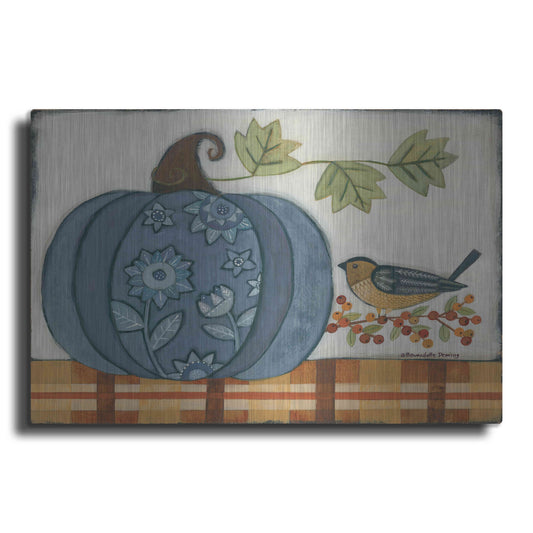 Luxe Metal Art 'Blue Patterned Pumpkin' by Bernadette Deming, Metal Wall Art