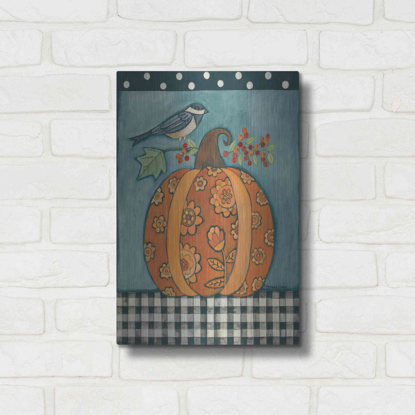 Luxe Metal Art 'Patterned Pumpkin and Bird' by Bernadette Deming, Metal Wall Art,12x16