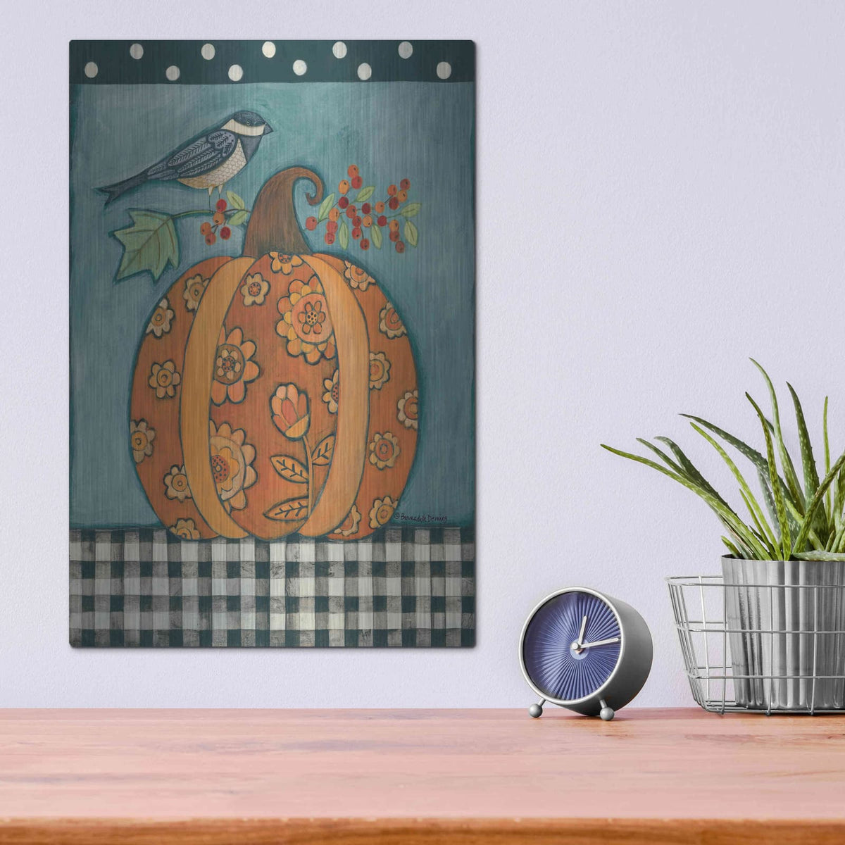 'Patterned Pumpkin and Bird' by Bernadette Deming – Metal Wall Art, 12x16 room view