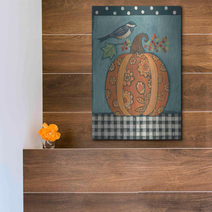 Luxe Metal Art 'Patterned Pumpkin and Bird' by Bernadette Deming, Metal Wall Art,12x16