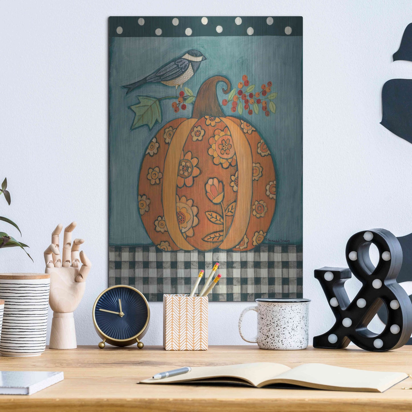 Luxe Metal Art 'Patterned Pumpkin and Bird' by Bernadette Deming, Metal Wall Art,12x16