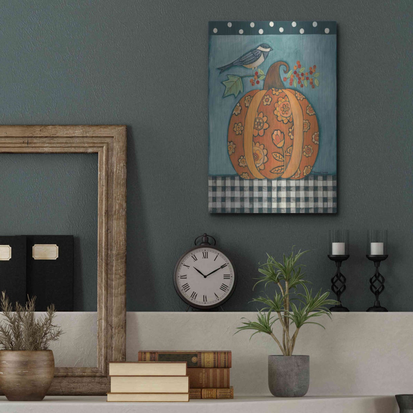 Luxe Metal Art 'Patterned Pumpkin and Bird' by Bernadette Deming, Metal Wall Art,12x16