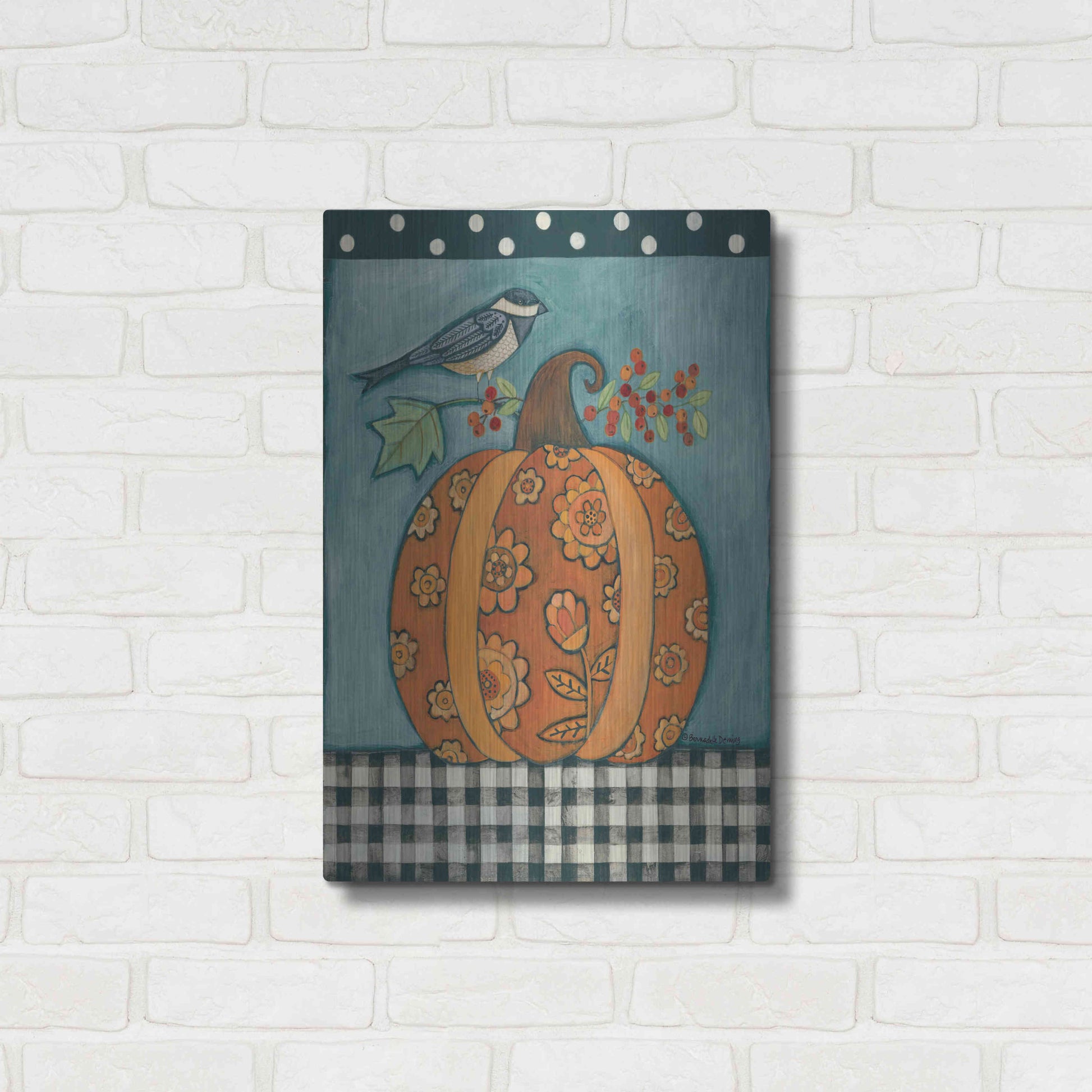 Luxe Metal Art 'Patterned Pumpkin and Bird' by Bernadette Deming, Metal Wall Art,16x24