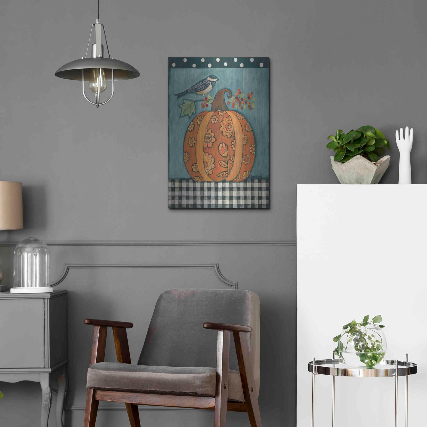 Luxe Metal Art 'Patterned Pumpkin and Bird' by Bernadette Deming, Metal Wall Art,16x24