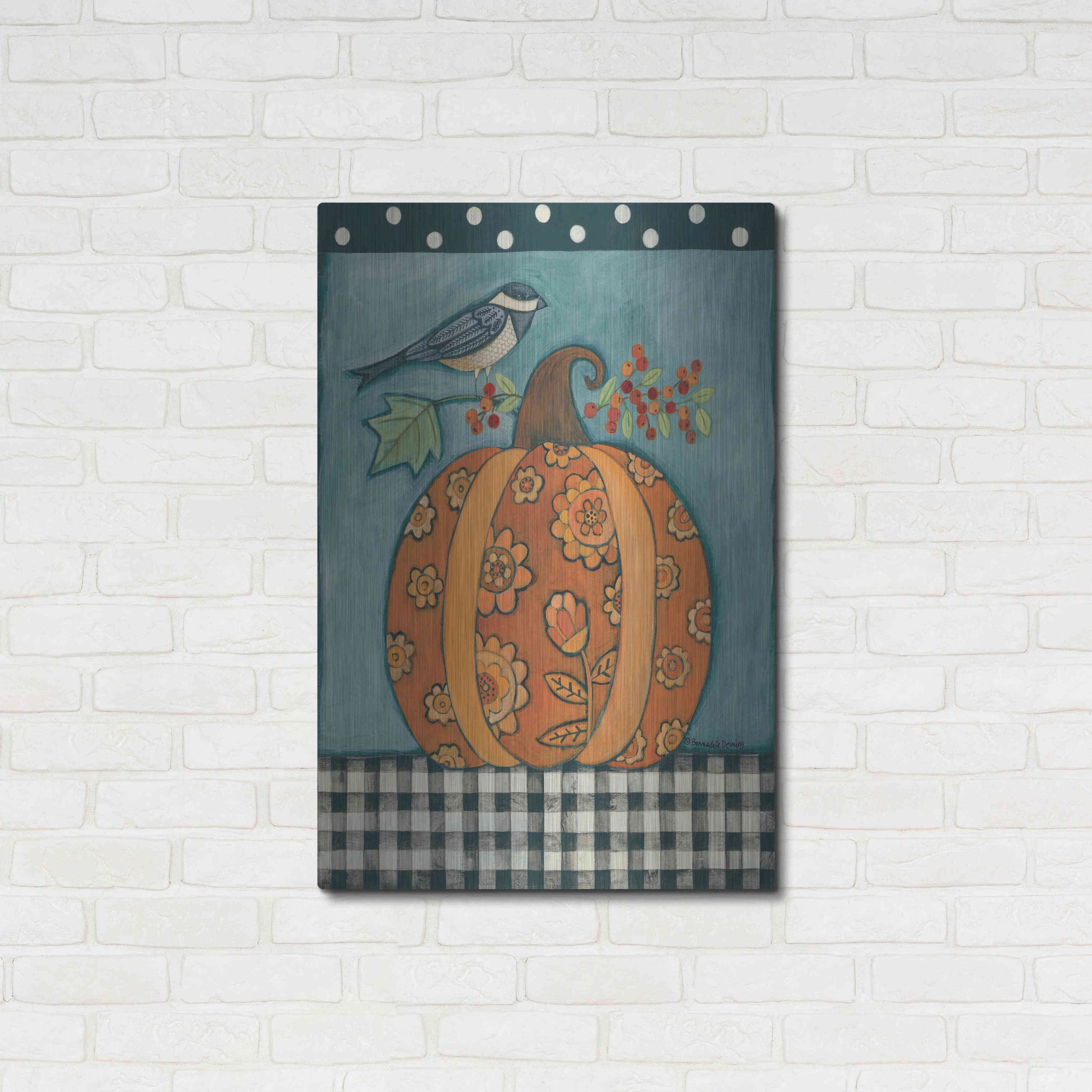 Luxe Metal Art 'Patterned Pumpkin and Bird' by Bernadette Deming, Metal Wall Art,24x36