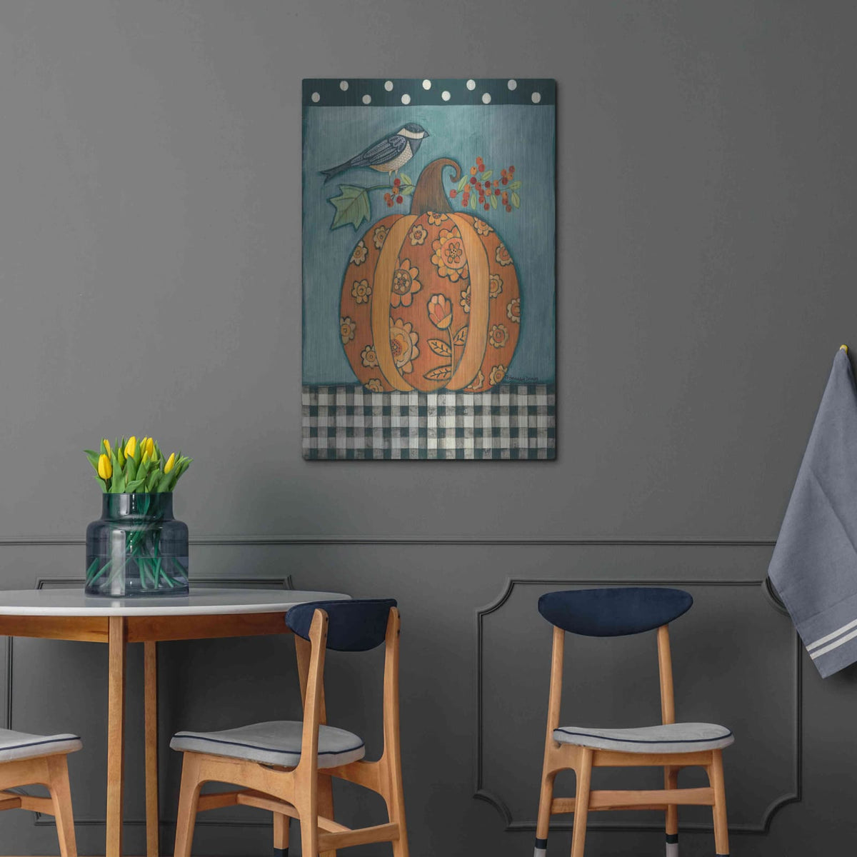 'Patterned Pumpkin and Bird' by Bernadette Deming – Metal Wall Art, 24x36 room view