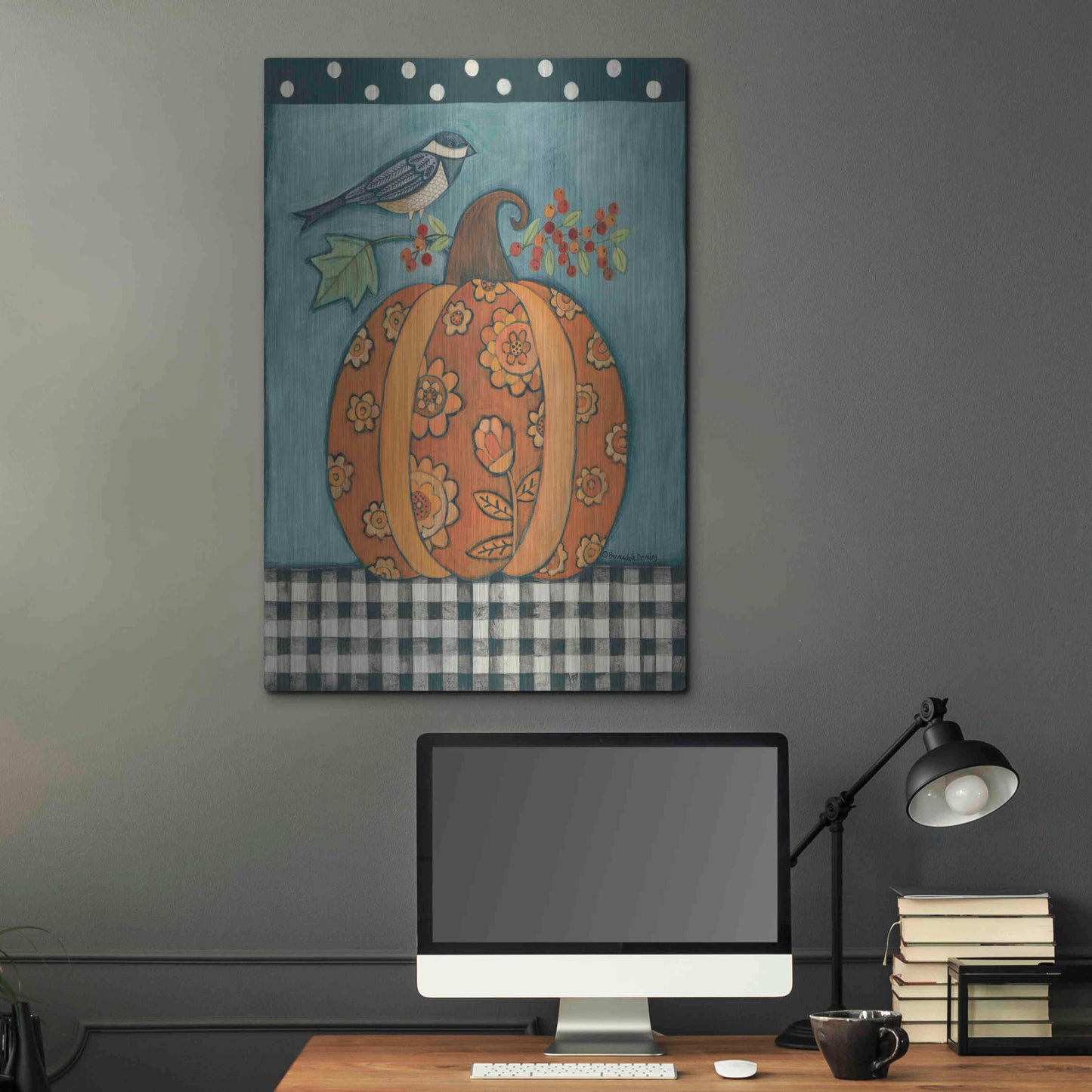 Luxe Metal Art 'Patterned Pumpkin and Bird' by Bernadette Deming, Metal Wall Art,24x36