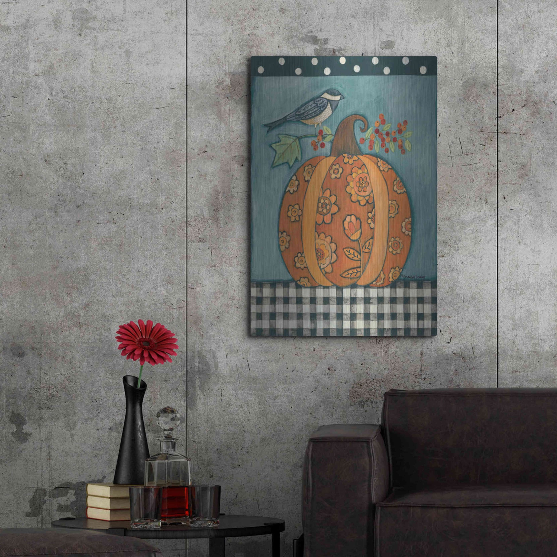 Luxe Metal Art 'Patterned Pumpkin and Bird' by Bernadette Deming, Metal Wall Art,24x36