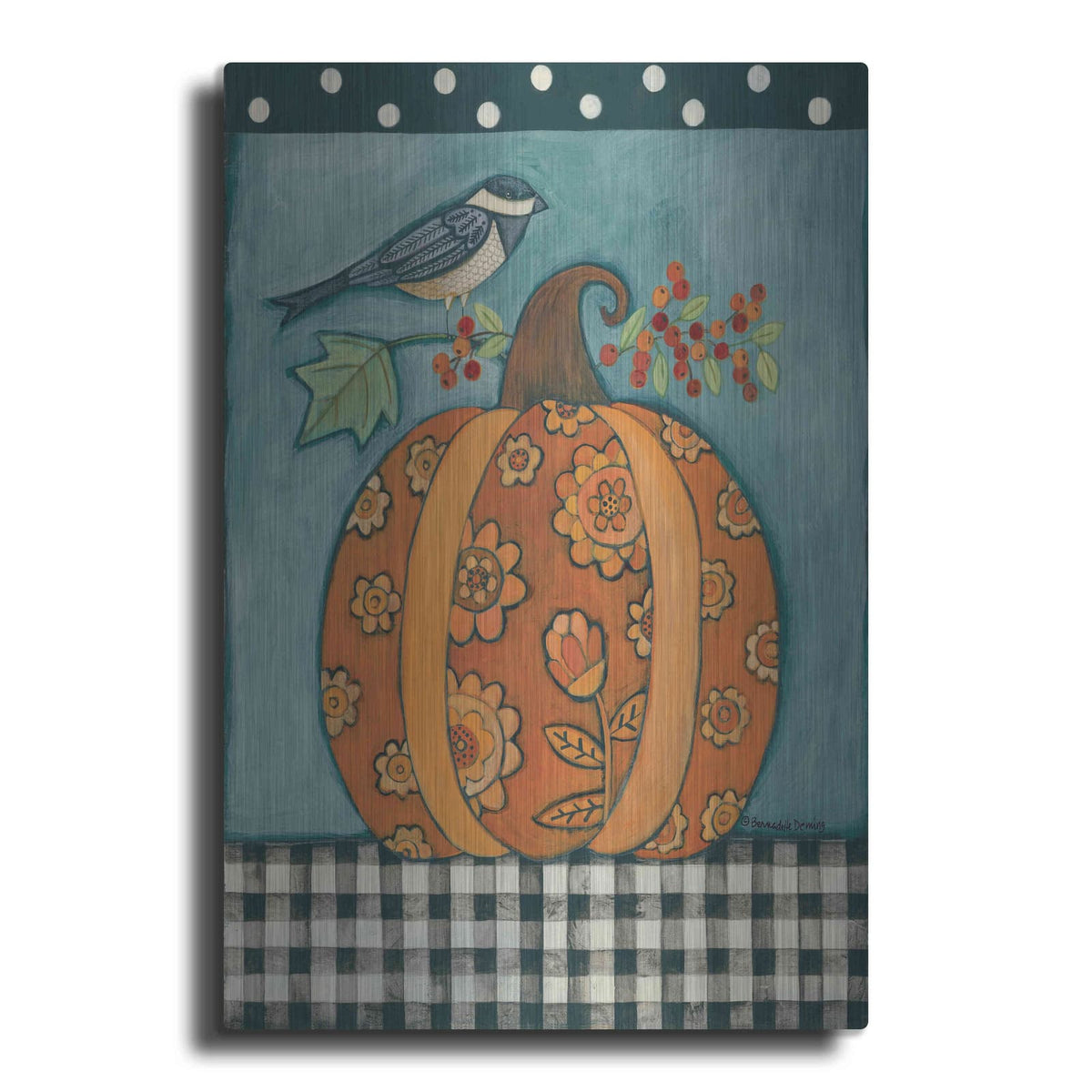 'Patterned Pumpkin and Bird' by Bernadette Deming – Metal Wall Art