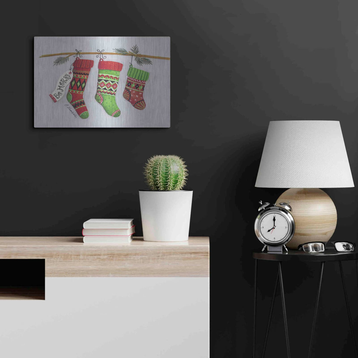 'Be Merry Stockings' by Diane Kater – Metal Wall Art, 24x16 room view