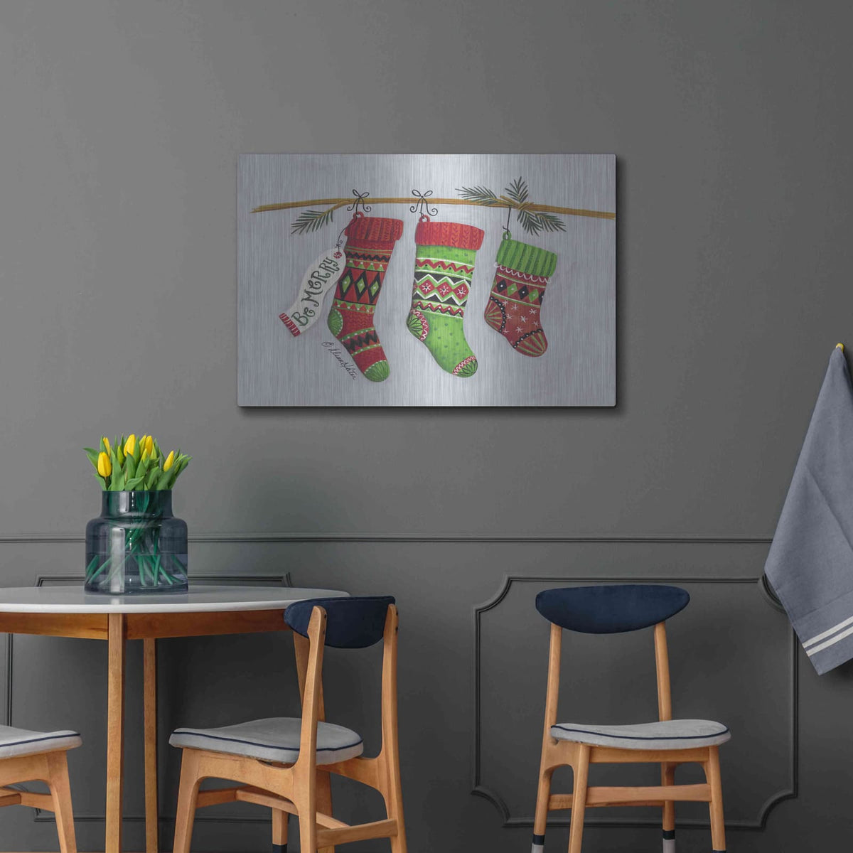 'Be Merry Stockings' by Diane Kater – Metal Wall Art, 36x24 room view