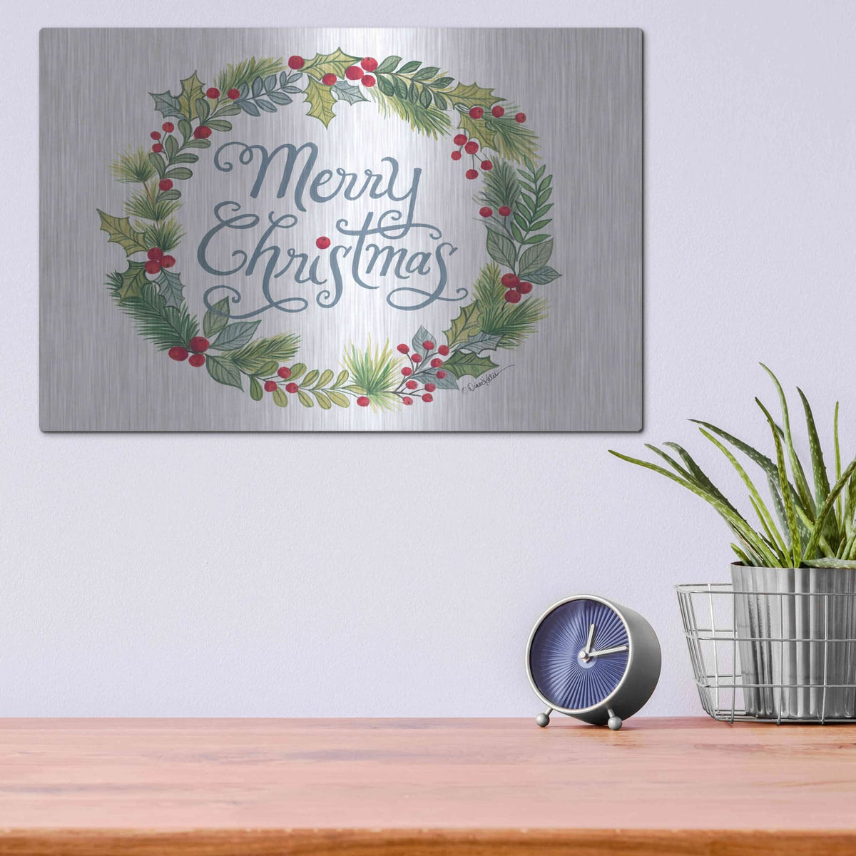 'Merry Christmas Wreath' by Diane Kater – Metal Wall Art, 16x12 room view