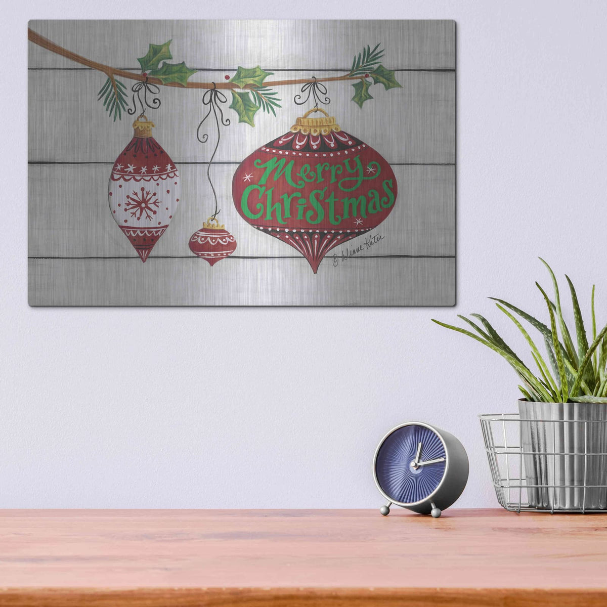 'Merry Christmas Ornaments' by Diane Kater – Metal Wall Art, 16x12 room view