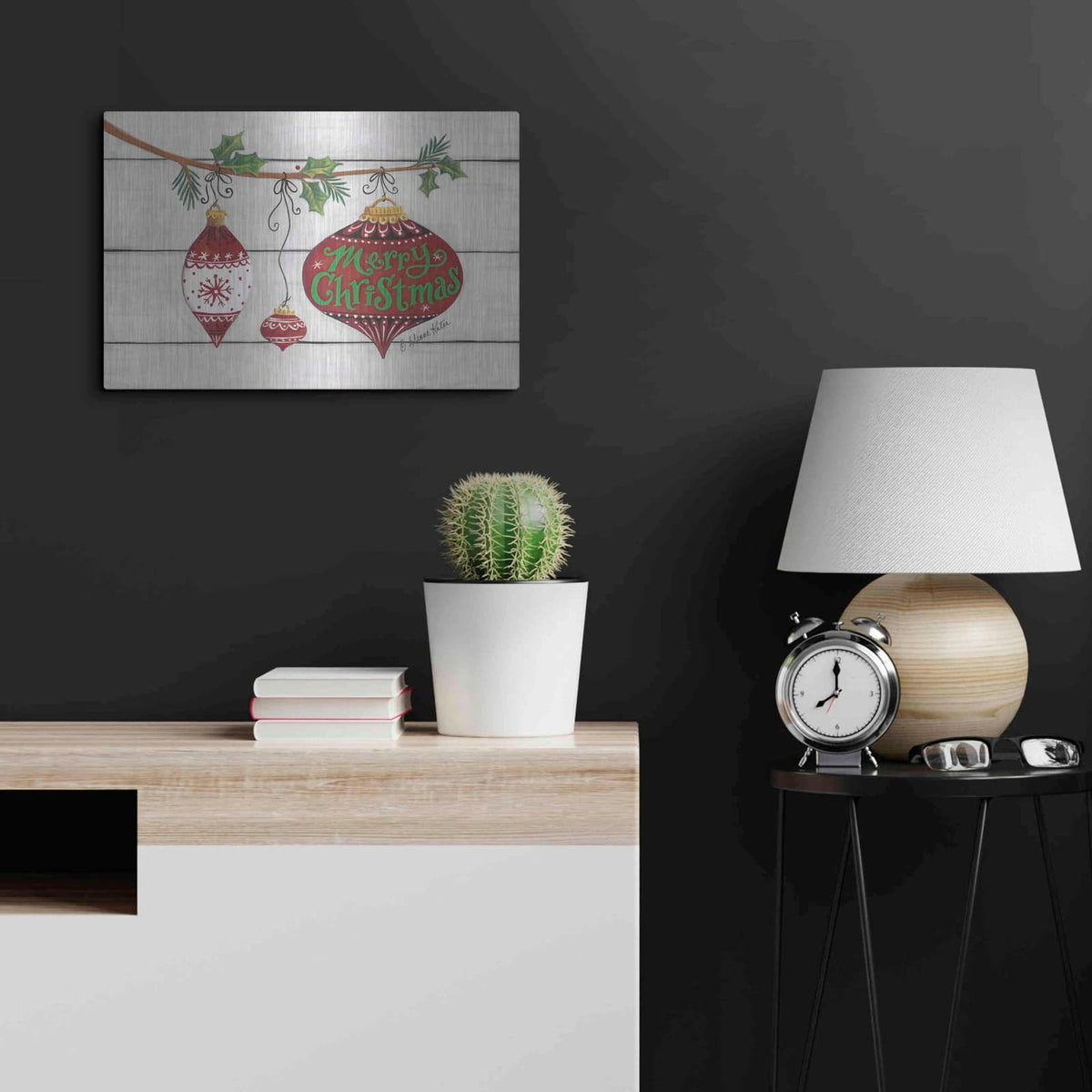 'Merry Christmas Ornaments' by Diane Kater – Metal Wall Art, 24x16 room view