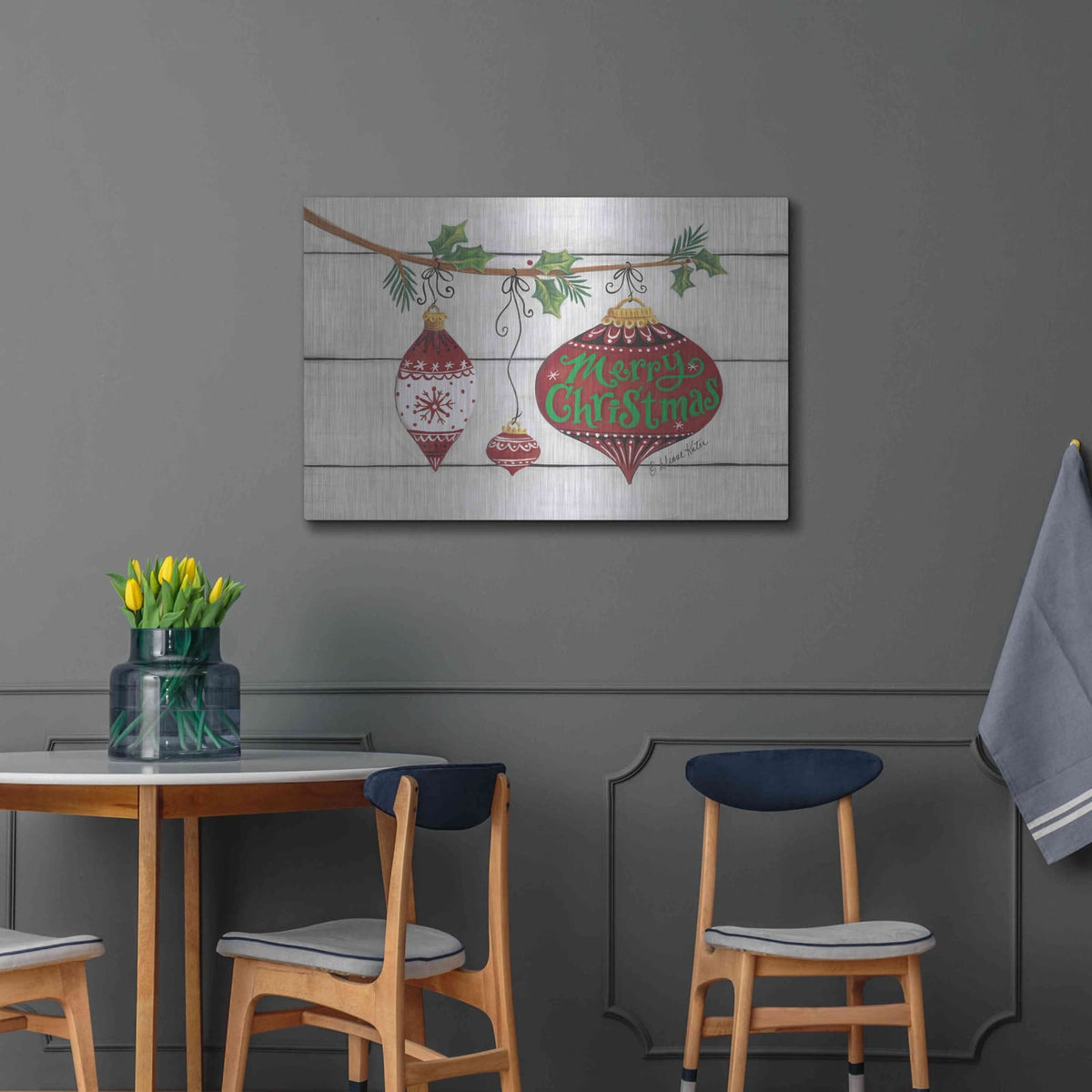 'Merry Christmas Ornaments' by Diane Kater – Metal Wall Art, 36x24 room view