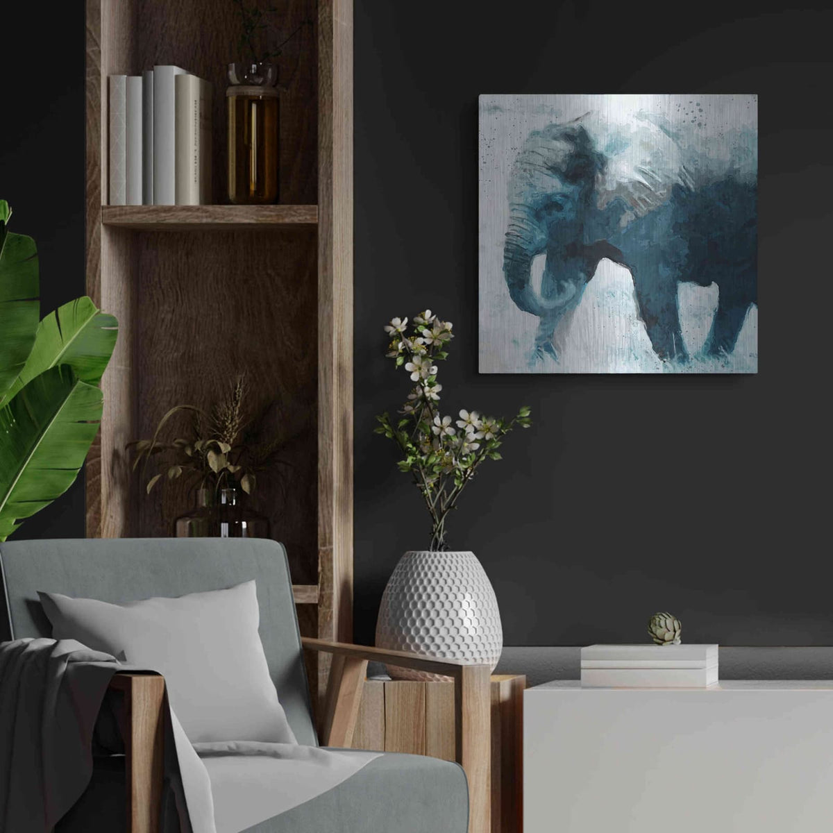 'Elephant' by Linda Woods – Metal Wall Art, 24x24 room view