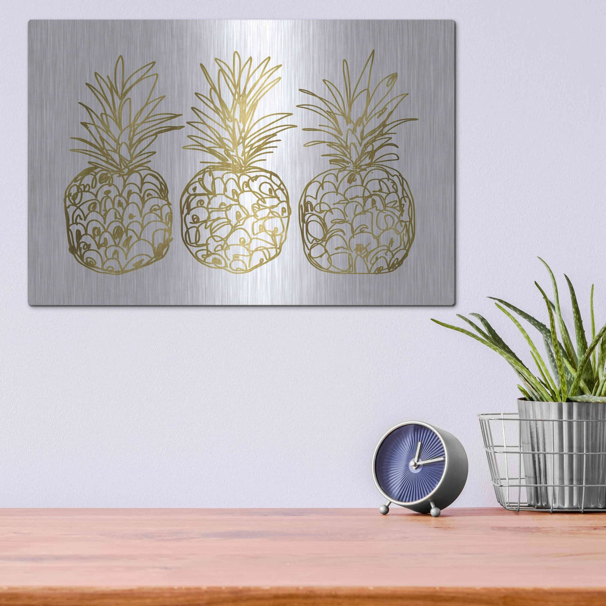 'Three Golden Pineapples' by Linda Woods – Metal Wall Art, 16x12 room view