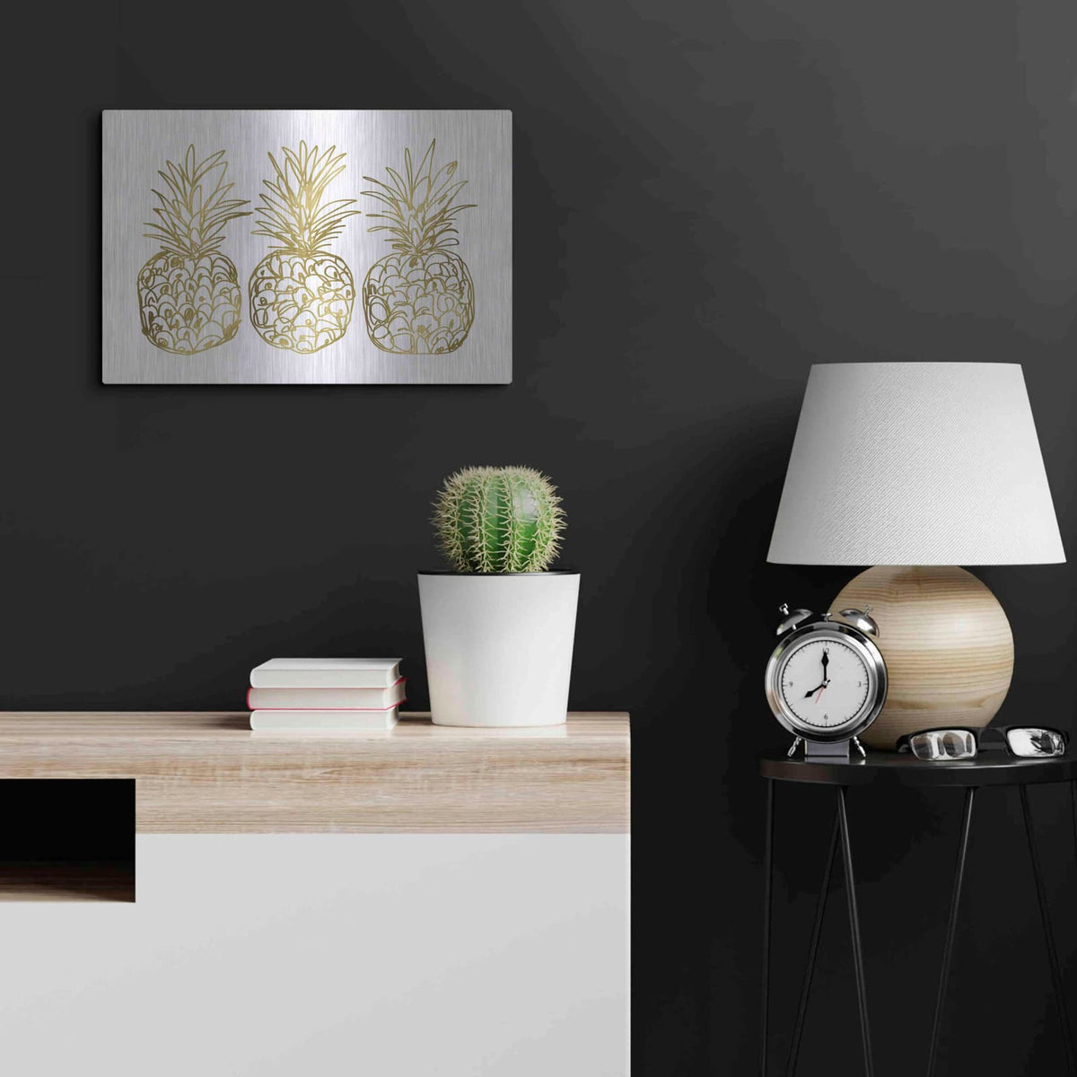 'Three Golden Pineapples' by Linda Woods – Metal Wall Art, 24x16 room view