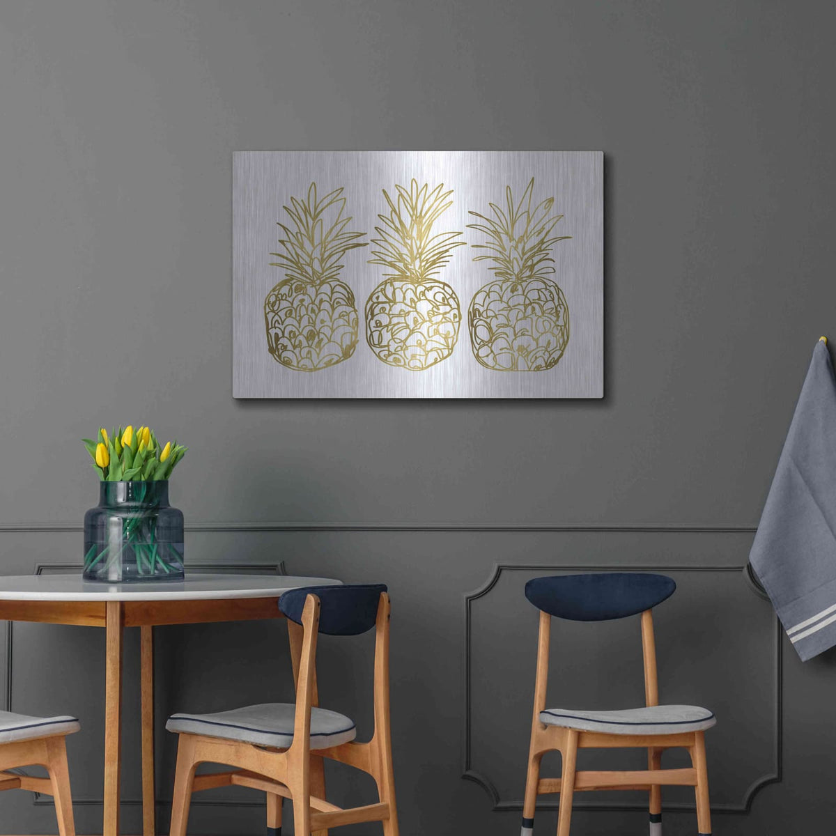'Three Golden Pineapples' by Linda Woods – Metal Wall Art, 36x24 room view