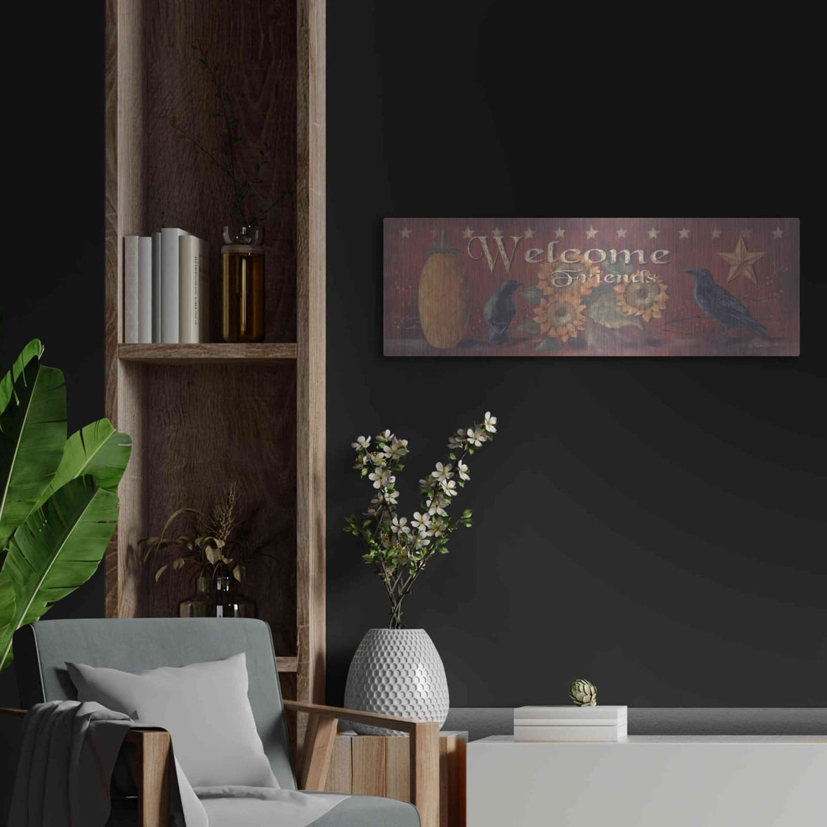 'Welcome Friends' by Pam Britton – Metal Wall Art, 36x12 room view