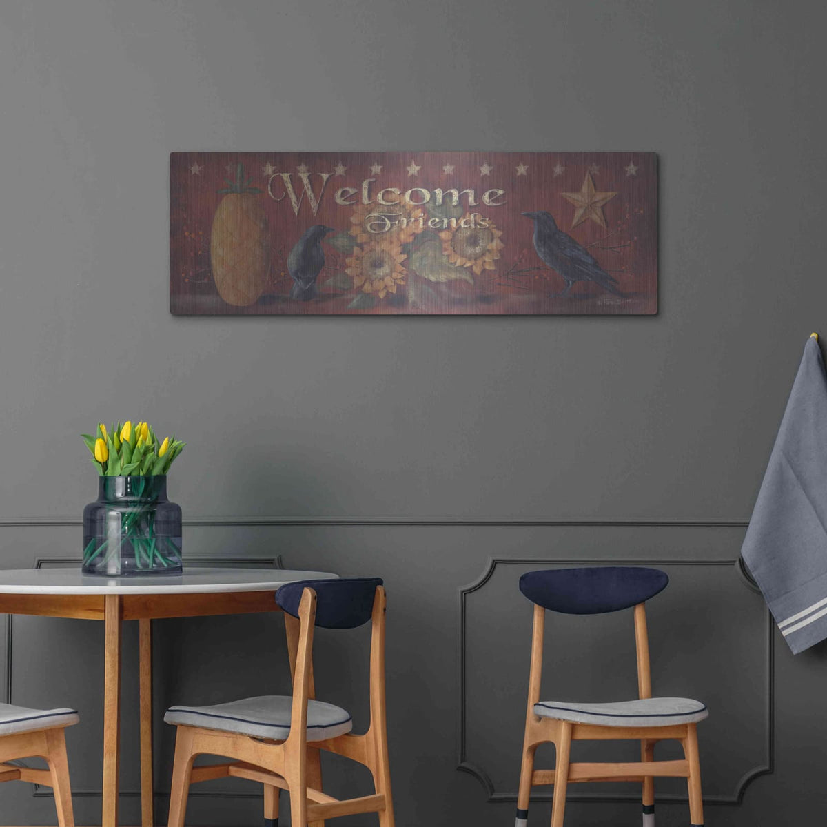 'Welcome Friends' by Pam Britton – Metal Wall Art, 48x16 room view