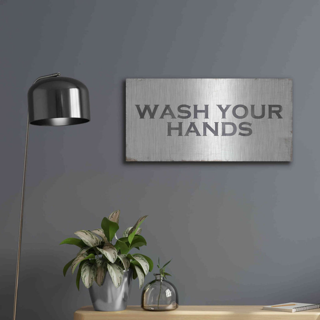 'Wash Your Hands' by Linda Woods – Metal Wall Art, 24x12 room view