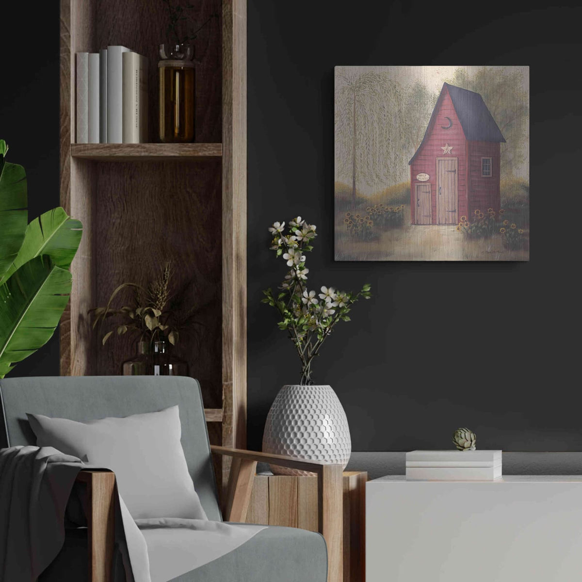 'Folk Art Outhouse II' by Pam Britton – Metal Wall Art, 24x24 room view
