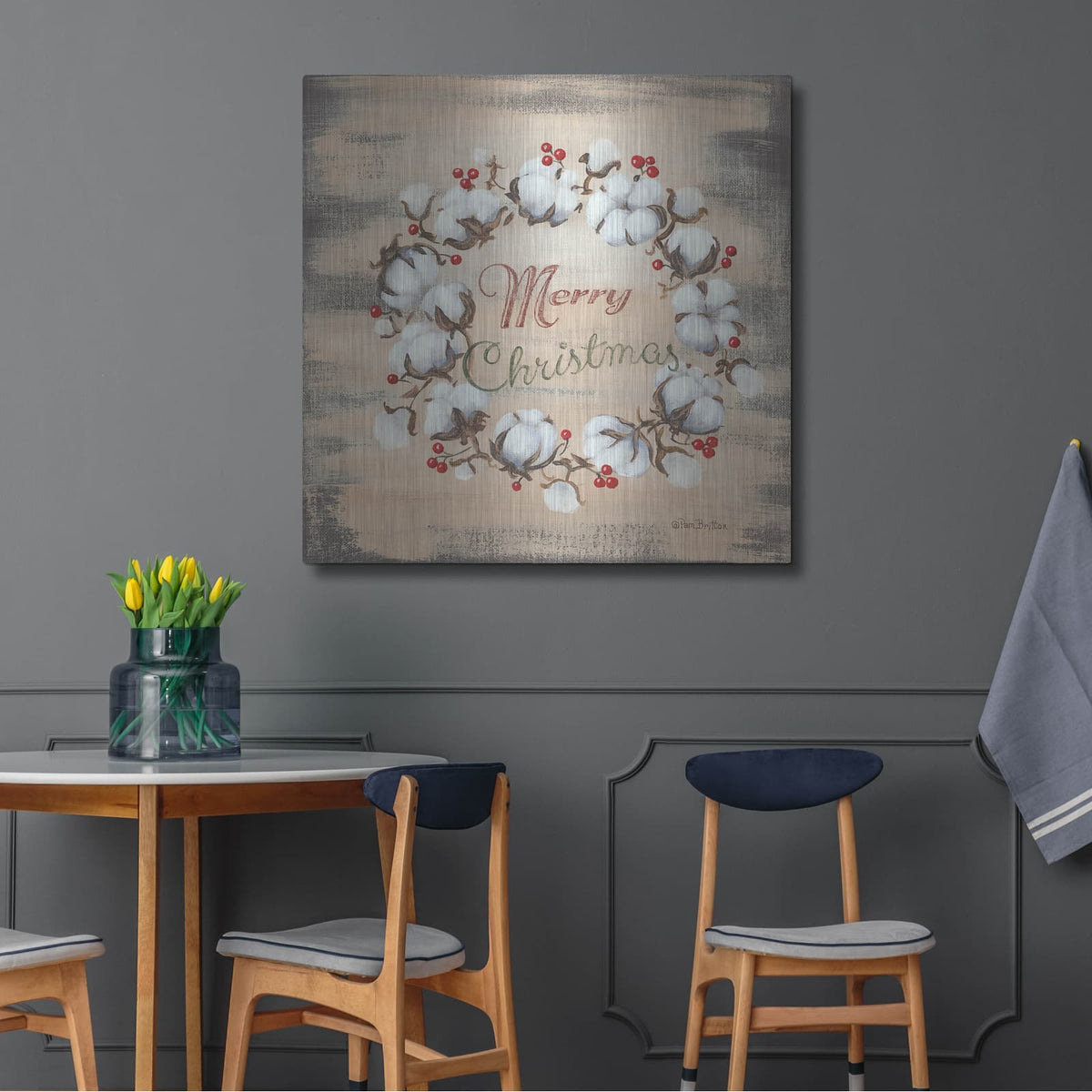 'Cotton Wreath Holiday' by Pam Britton – Metal Wall Art, 36x36 room view