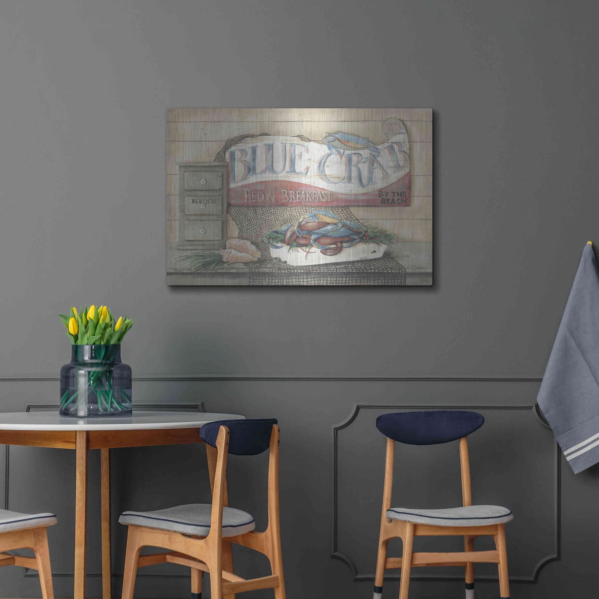 'Blue Crab B & B' by Pam Britton – Metal Wall Art, 36x24 room view