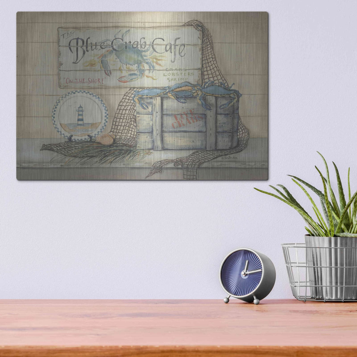'Blue Crab Cafe' by Pam Britton – Metal Wall Art, 16x12 room view