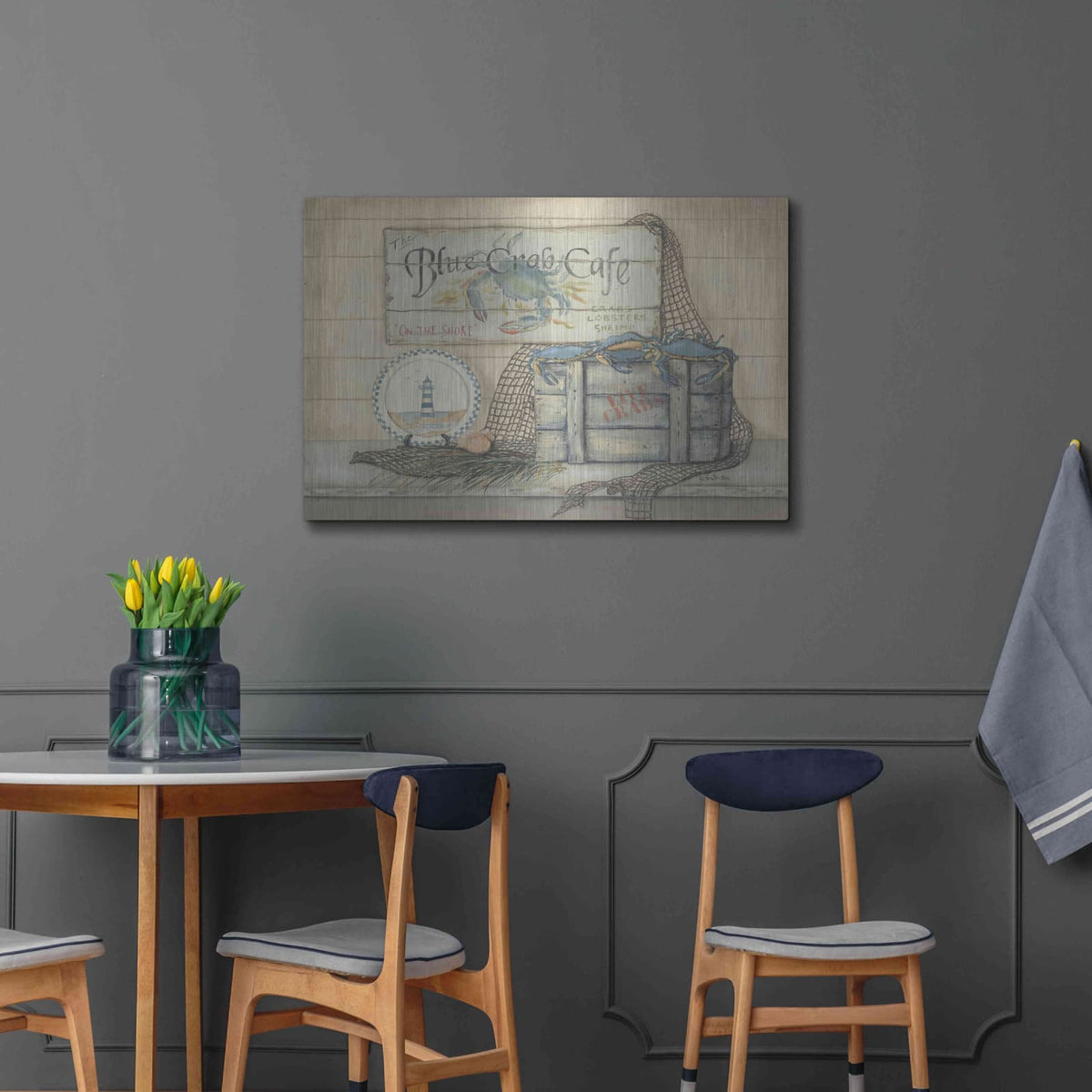 'Blue Crab Cafe' by Pam Britton – Metal Wall Art, 36x24 room view
