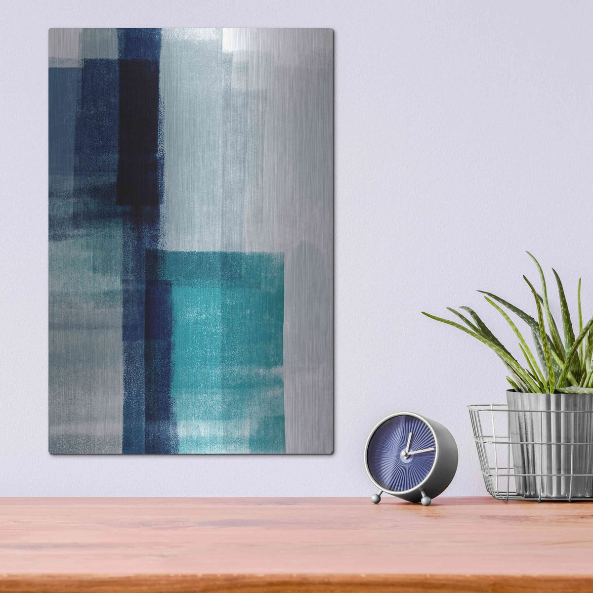 'Blue Abstract V' by Linda Woods – Metal Wall Art, 12x16 room view