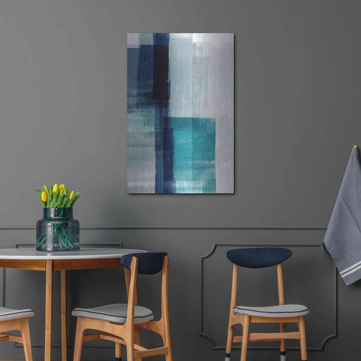 'Blue Abstract V' by Linda Woods – Metal Wall Art, 24x36 room view