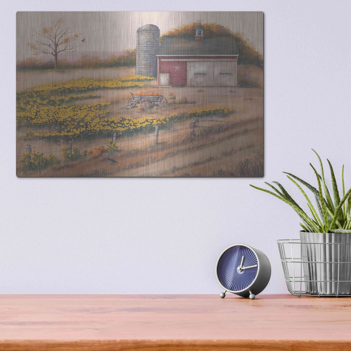 'Barn & Sunflowers I' by Pam Britton – Metal Wall Art, 16x12 room view
