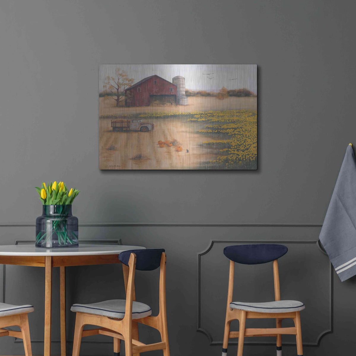 'Barn & Sunflowers II' by Pam Britton – Metal Wall Art, 36x24 room view