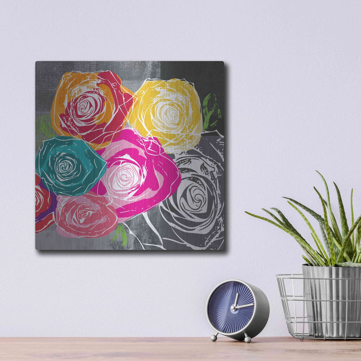 'Colorful Roses II' by Linda Woods – Metal Wall Art, 12x12 room view