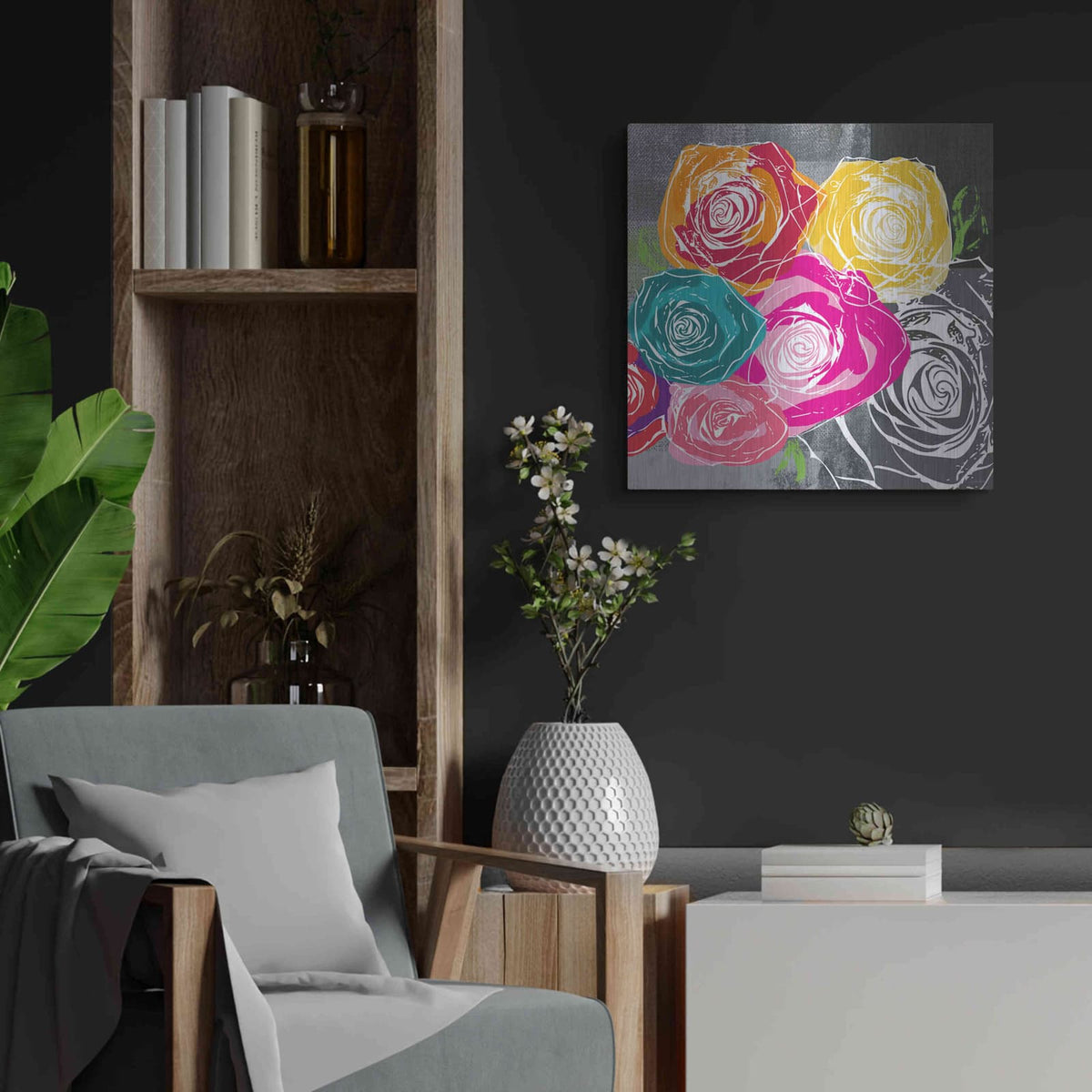 'Colorful Roses II' by Linda Woods – Metal Wall Art, 24x24 room view