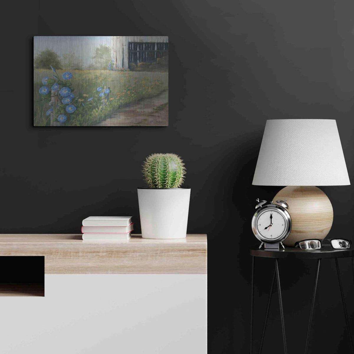 'Morning Glories & Hay Barn' by Pam Britton – Metal Wall Art, 24x16 room view