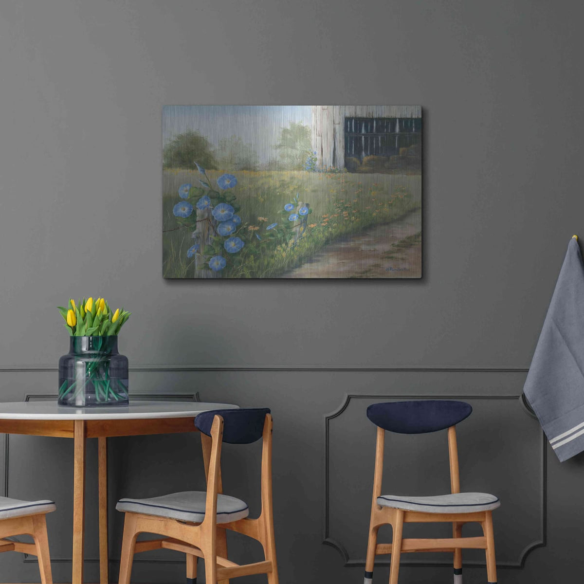 'Morning Glories & Hay Barn' by Pam Britton – Metal Wall Art, 36x24 room view